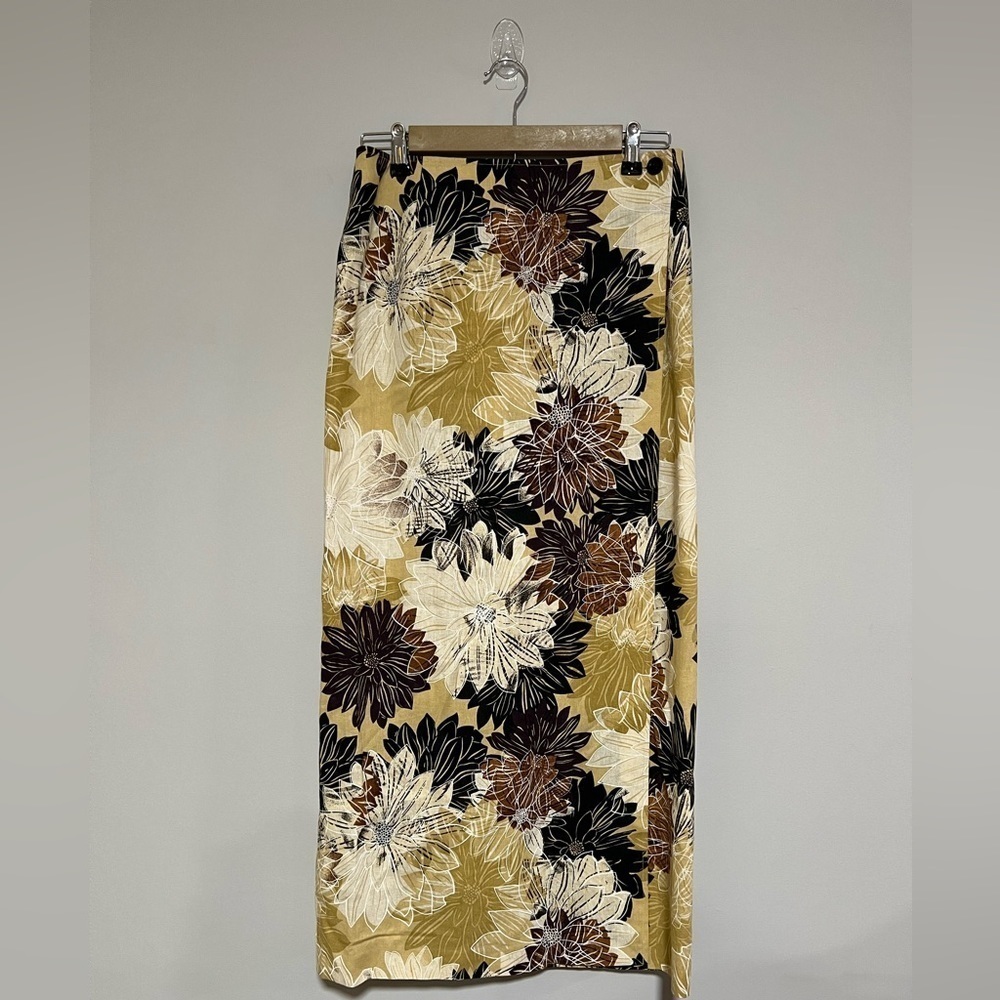 VTG 90s Y2K Linen Blend Floral Midi Wrap Skirt Size 8 Cruise Vacation Summer
